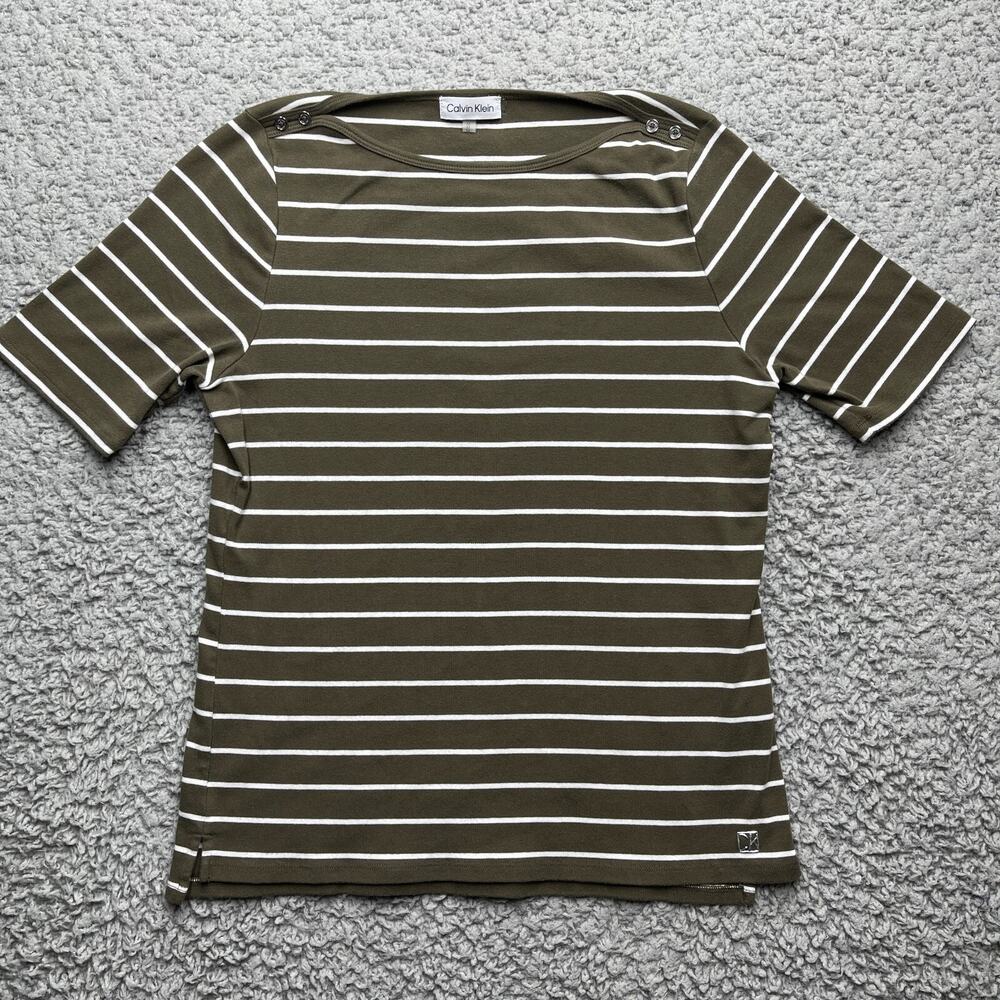 Calvin Klein Shirt Top Womens Medium Green Striped Button Accent Short Sleeve
